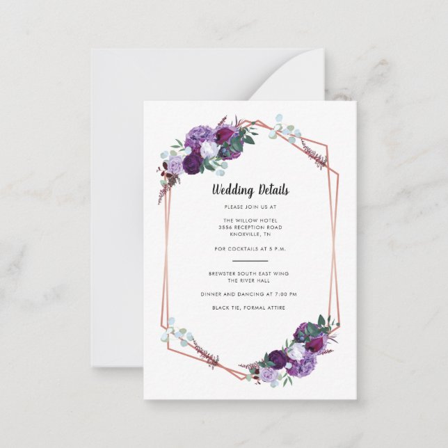 Angaben zur lila Blumenhochzeit Mitteilungskarte (Vorderseite)
