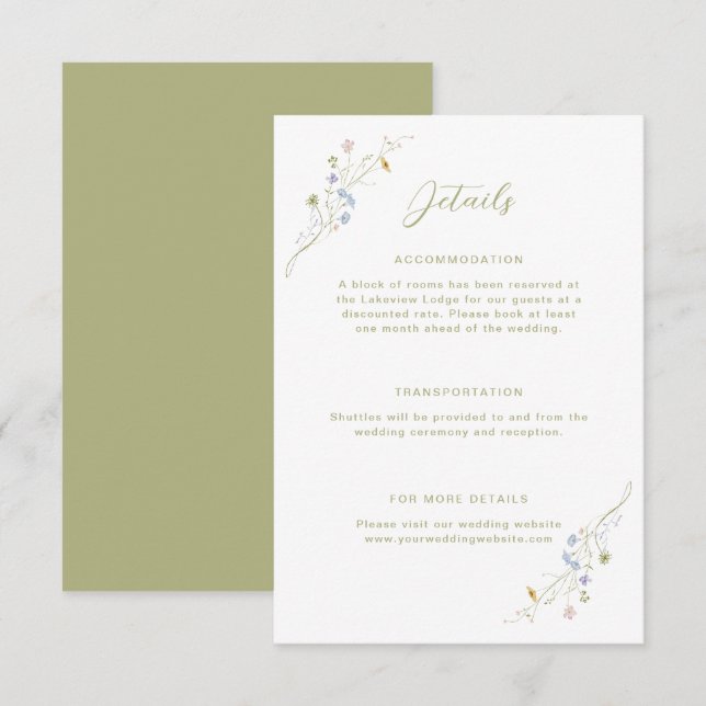 Angaben zur Pastelhochzeit bei Whimsical-Wildblume Begleitkarte (Vorne/Hinten)