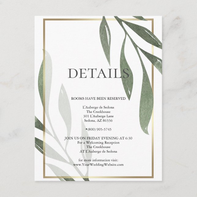 ANGABEN ZUR WEDDING | Sage Green Olive Folies Begleitkarte (Vorderseite)