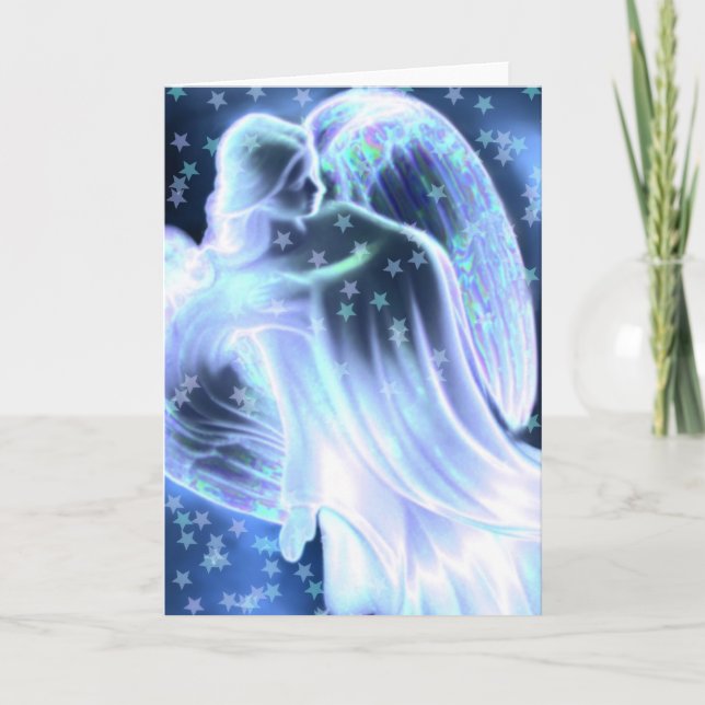 Ange bleu majestueux avec la carte de voeux (Devant)
