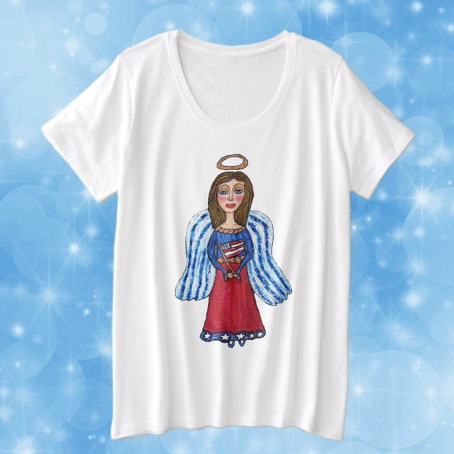 Ange patriotique américain rouge blanc bleu drapea (Red white blue patriotic USA angel with flag and gold halo on white womans plus size tee shirt.)