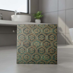Angeflogenes Teal & Bronze Sechseck #17 ID1227 Fliese