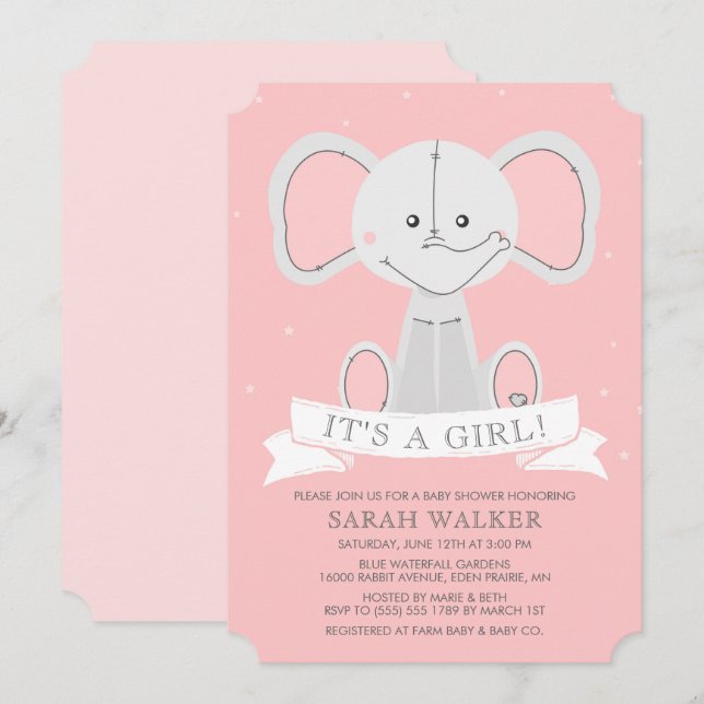 Angefülltes Elefant-Rosa ist es ein Mädchen! Einladung (Vorne/Hinten)