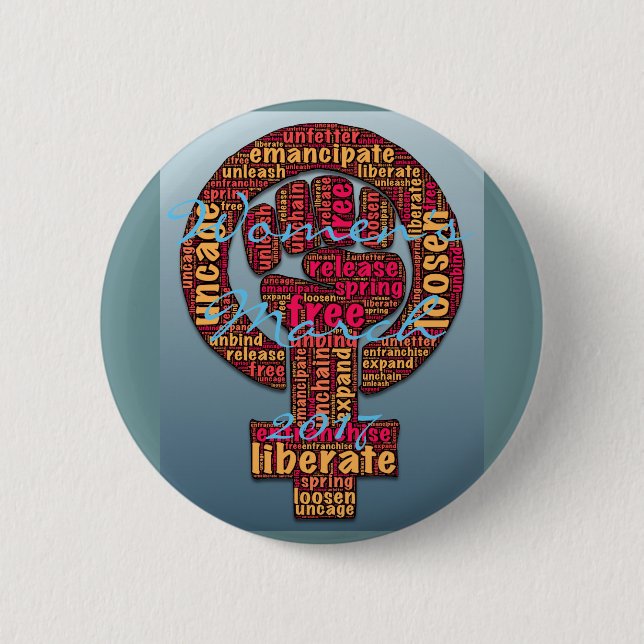 angehobene Faust der Frauen die im März 2017 Button (Vorderseite)
