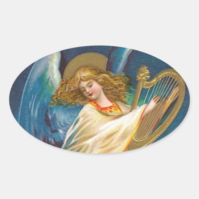 Angel auf Harfe spielen Ovaler Aufkleber (Vorderseite)