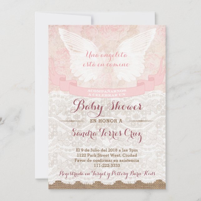 Angel Baby shower rose Invitation pour Latina Lady (Devant)