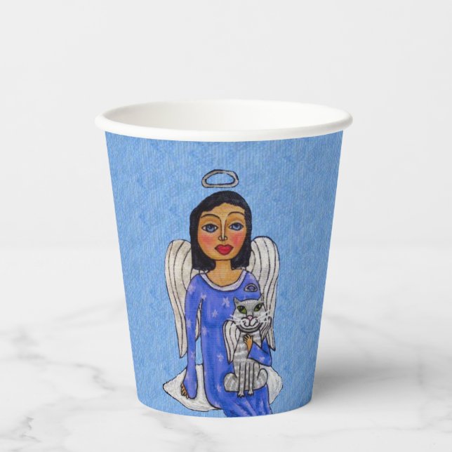Angel Blue Dress Holding White Angel Cat on Cloud Pappbecher (Vorderseite)