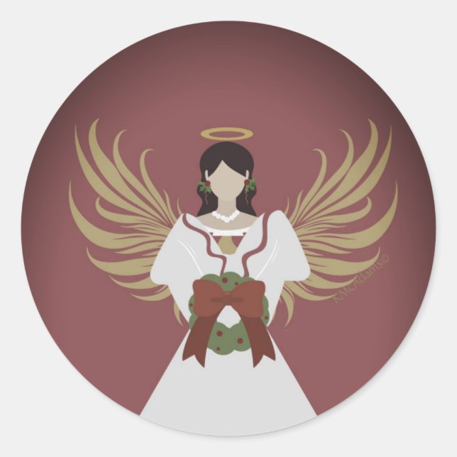 Angel Burgundy Red Christmas Wreath Wings Modern Runder Aufkleber (Vorderseite)