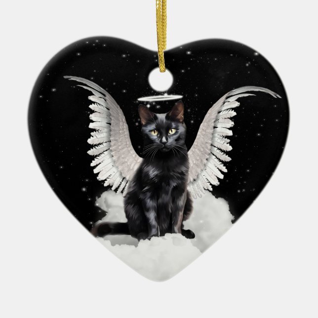 Angel Cat Black Domestic Pet Memorial Keramik Ornament (Vorne)