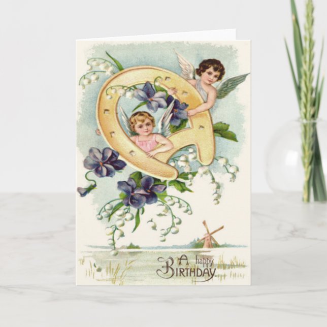 Angel Cherub Horseshoe Vergessen-Me-not Karte (Vorderseite)