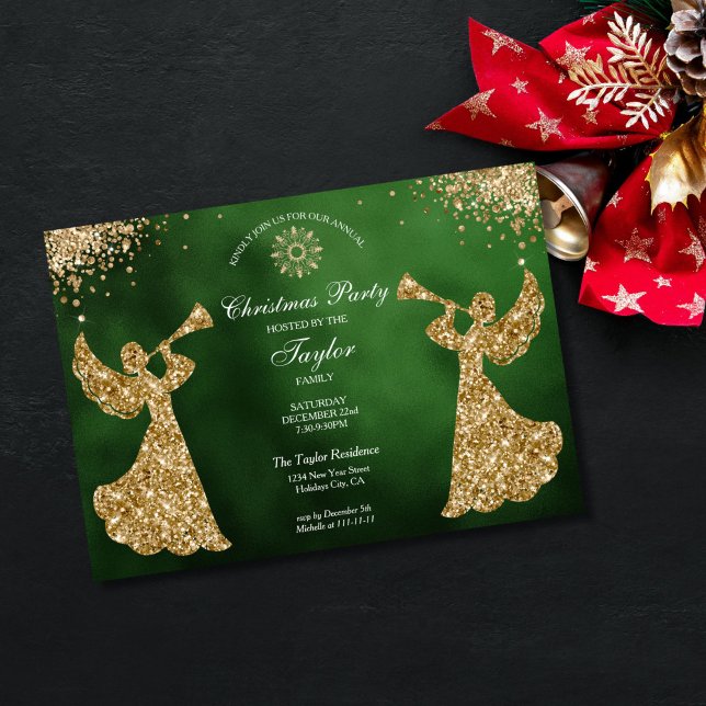 Angel Christmas Tree Family Dinner Party Einladung (religious family christmas party invitation with green background and gold trumpet angels)