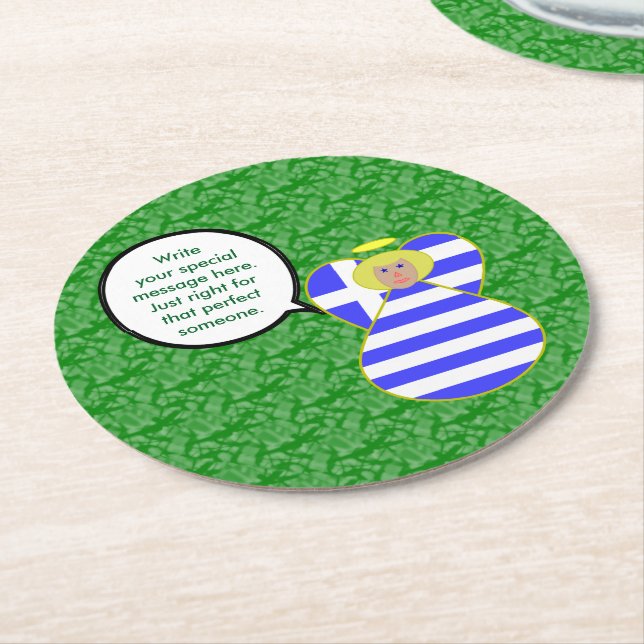 Angel der griechischen Flagge - Blond Personalisie Runder Pappuntersetzer (Angewinkelt)