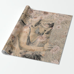 Angel Elegant Boho Floral Sepia Antique Geschenkpapier