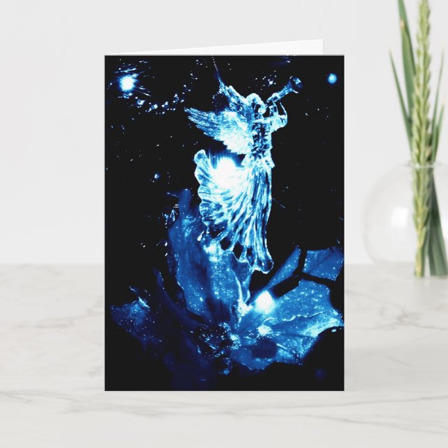 Angel en bleu sur carte noire de Noël (Devant)