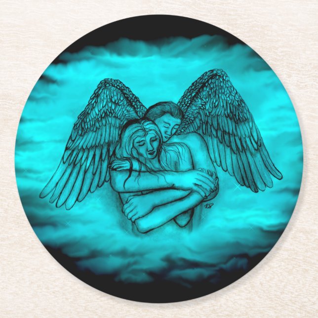 Angel Eros in Liebe , Schwarz und Grün Runder Pappuntersetzer (Vorderseite)