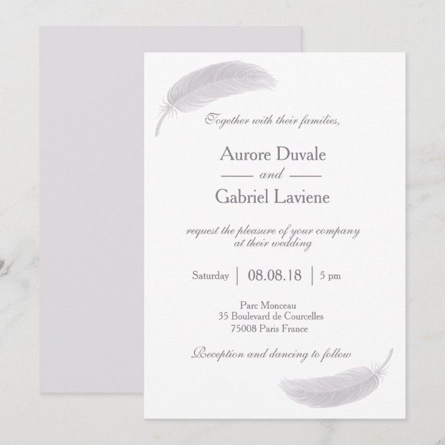 Angel Feather Lilac White Gray Elegante Hochzeit Einladung (Vorne/Hinten)