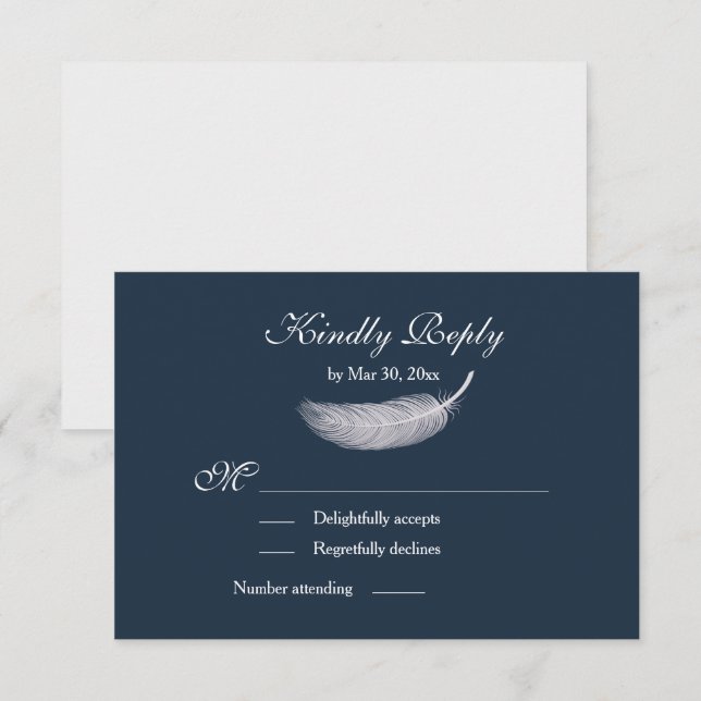 Angel Feather Navy Blue White Wedding RSVP Einladung (Vorne/Hinten)