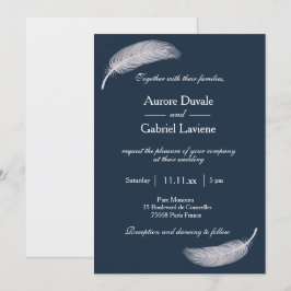 Angel Feather Navy Blue White Whimsical Wedding Einladung