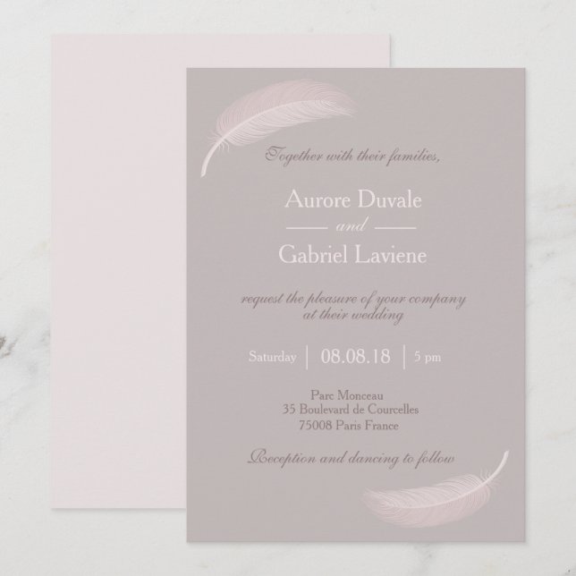 Angel Feather Rosa taupe elegante Hochzeit Einladung (Vorne/Hinten)