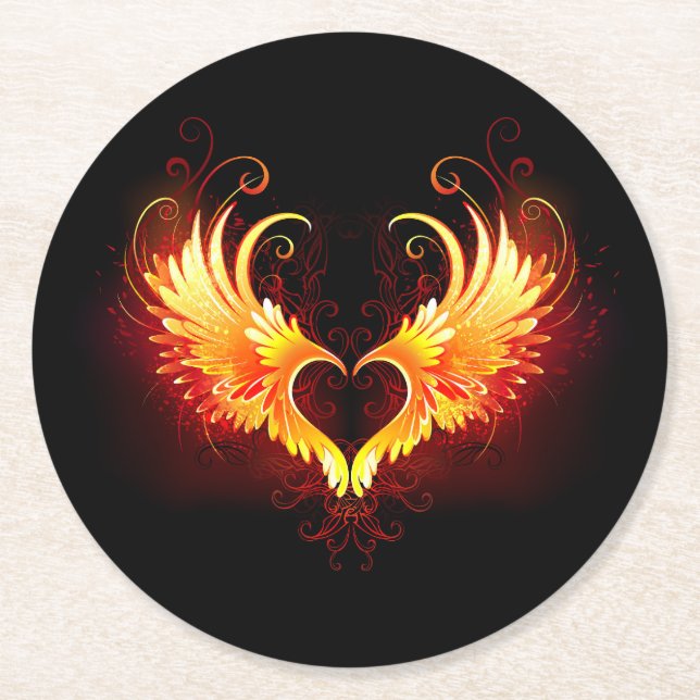 Angel Fire Heart with Wings Runder Pappuntersetzer (Vorderseite)