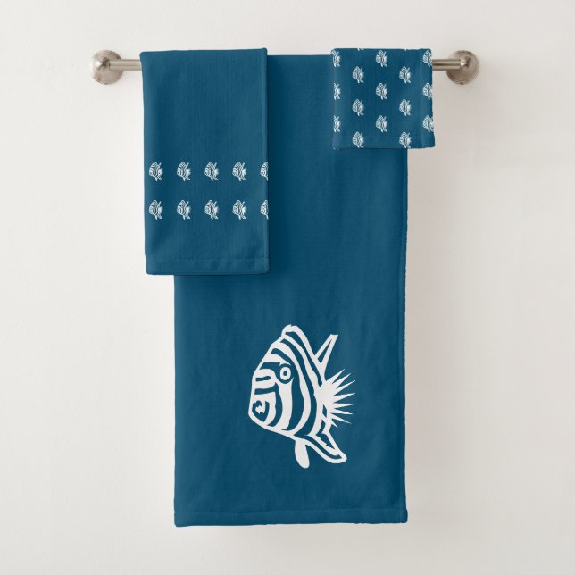 Angel fish Sea Blue & White Küstenfischerei Deko Badhandtuch Set (Insitu)