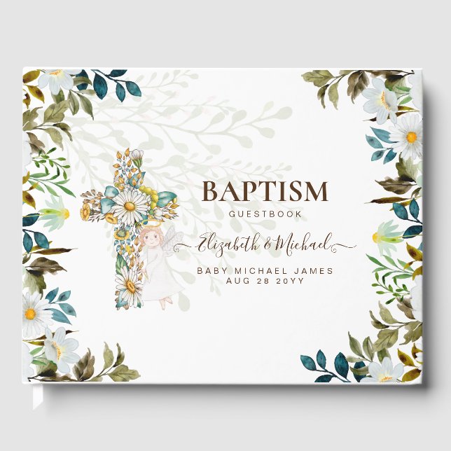 Angel Floral Cross Grüne Taufe Christening Gästebuch (Vorderseite)