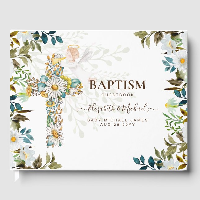 Angel Floral Cross Grüne Taufe Christening Gu Gästebuch (Vorderseite)