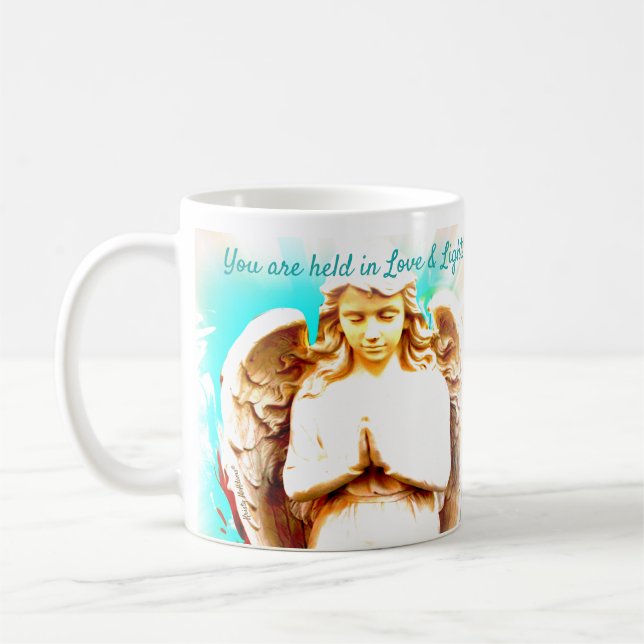 Angel Gebet Aqua Blue Sky Liebe Light Quote Gesche Kaffeetasse (Links)