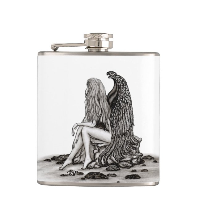 Angel , gedankenverloren , schwarz-weiß Design Flachmann (Vorderseite)