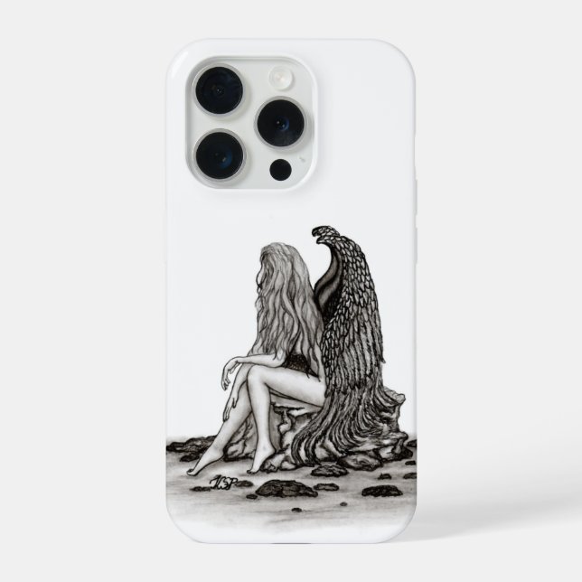 Angel , gedankenverloren , schwarz-weiß Design iPhone 15 Pro Hülle (Rückseite)