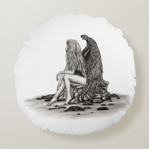 Angel , gedankenverloren , schwarz-weiß Design Rundes Kissen