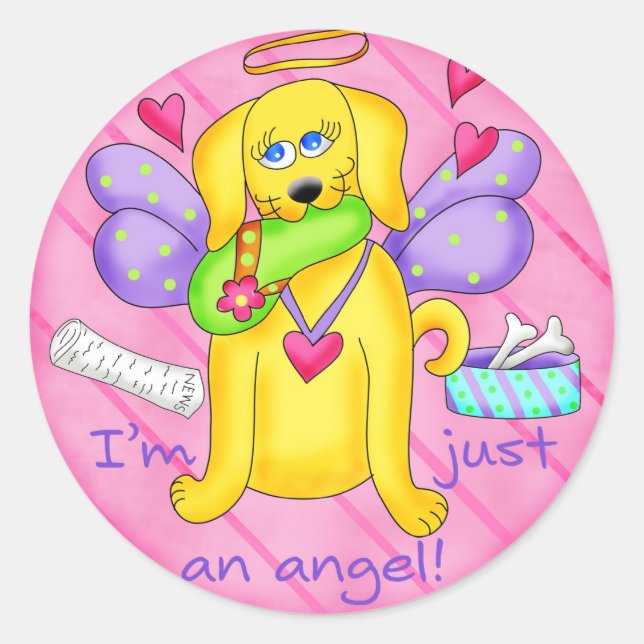 Angel Golden Yellow Dog mit Shoe Runder Aufkleber (Vorderseite)