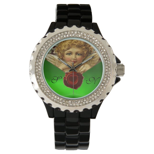 ANGEL HEART WAX SIEGEL, GREEN EMERALD GEM MONOGRAM ARMBANDUHR (Vorderseite)