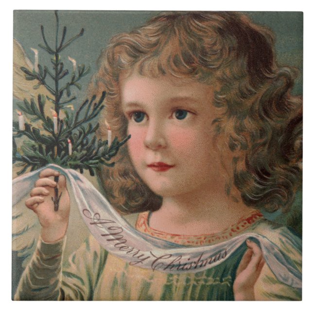 Angel Holding a Tiny Candlelit Weihnachtsbaum Fliese (Vorderseite)