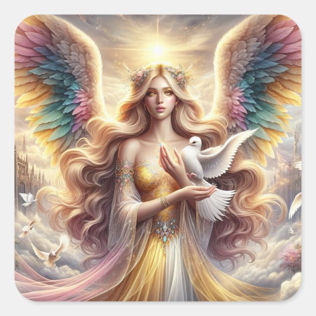 Angel Holding Dove - Angel Series Art Collection Quadratischer Aufkleber (Vorderseite)