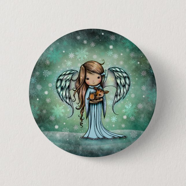 Angel Holding Fawn Illustriert Art Button (Vorderseite)