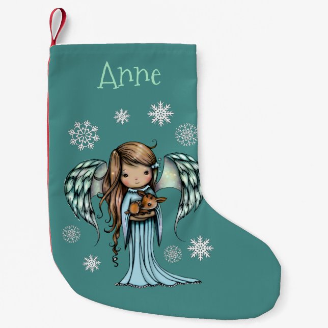 Angel Holding Fawn Illustriert Art Kleiner Weihnachtsstrumpf (Vorderseite)