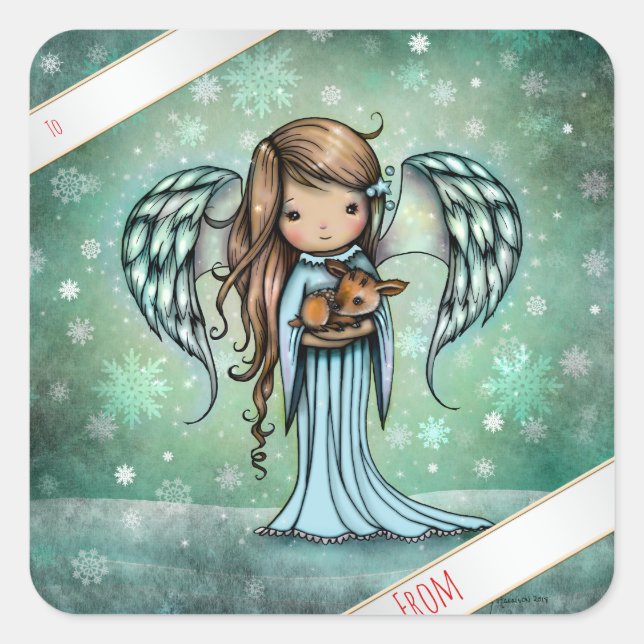 Angel Holding Fawn Illustriert Art Quadratischer Aufkleber (Vorderseite)