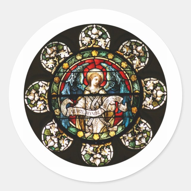 Angel in gestalteter Glasfenster Art Runder Aufkleber (Vorderseite)