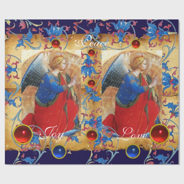 ANGEL IN ROT, GOLD, BLUE FLORAL PARCHMENT MIT GEMS GESCHENKPAPIER (Flach)