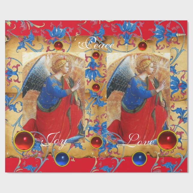 ANGEL IN ROT, GOLD, BLUE FLORAL PARCHMENT MIT GEMS GESCHENKPAPIER (Flach)