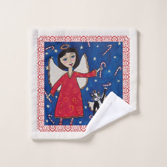 Angel in rotem Kleid mit Angel Cat Himmelskandinch Waschlappen (Waschlappen)