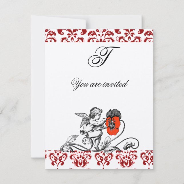 ANGEL MALERIEREN EINE ROTE BLUME DAMASK MONOGRAMM  EINLADUNG (Vorderseite)