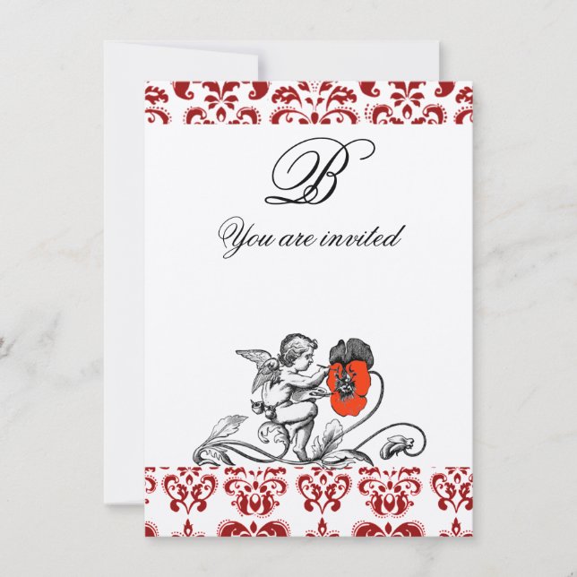 ANGEL MALERIEREN ROTE BLUME DAMASK MONOGRAM Filz Einladung (Vorderseite)