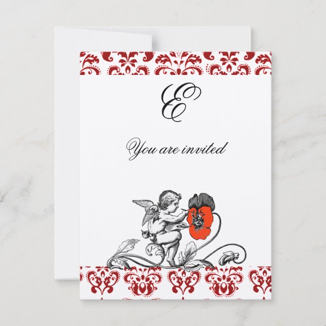 ANGEL MALERIEREN ROTE BLUME DAMASK MONOGRAM Filz Einladung (Vorderseite)