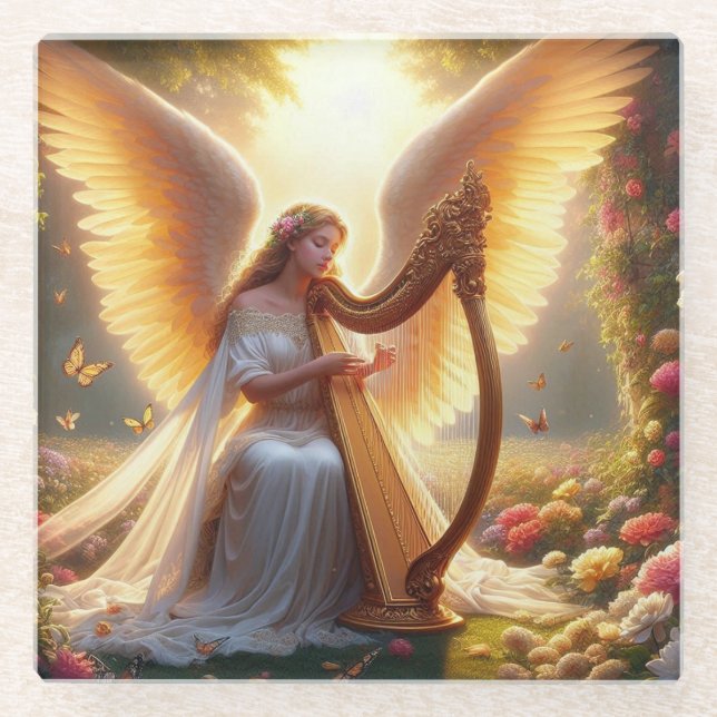 Angel Mit Blume und Schmetterlingen eine Harfe spi Glasuntersetzer (Vorderseite)