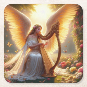 Angel Mit Blume und Schmetterlingen eine Harfe spi Rechteckiger Pappuntersetzer