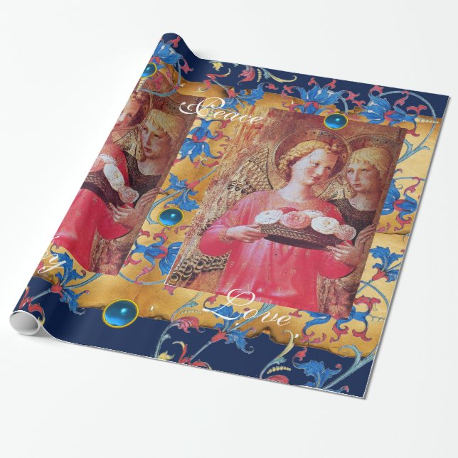ANGEL MIT ROSE ,BLAUER FLORAL CHRISTMAS PARCHMENT GESCHENKPAPIER (Ungerollt)
