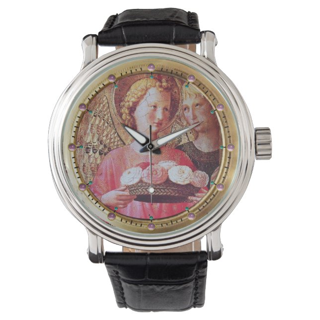ANGEL MIT ROSE UND ARCHANGEL GABRIEL Pink Gemeine Armbanduhr (Vorderseite)