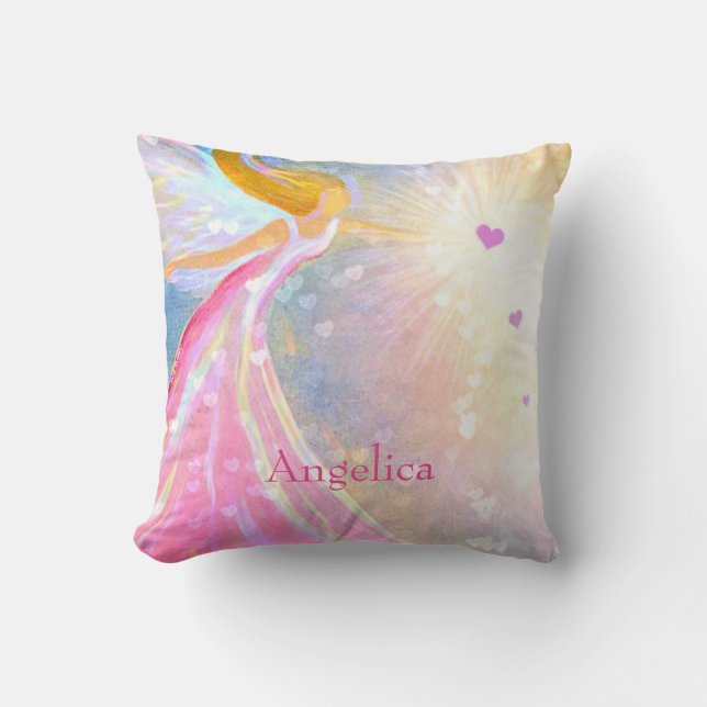 Angel Pink Blue Watercolor Herzmonogramm Kissen (Vorderseite)